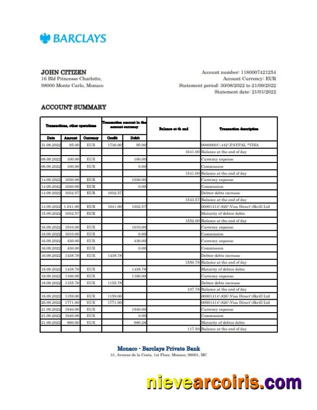 Monaco Barclays Private Bank statement